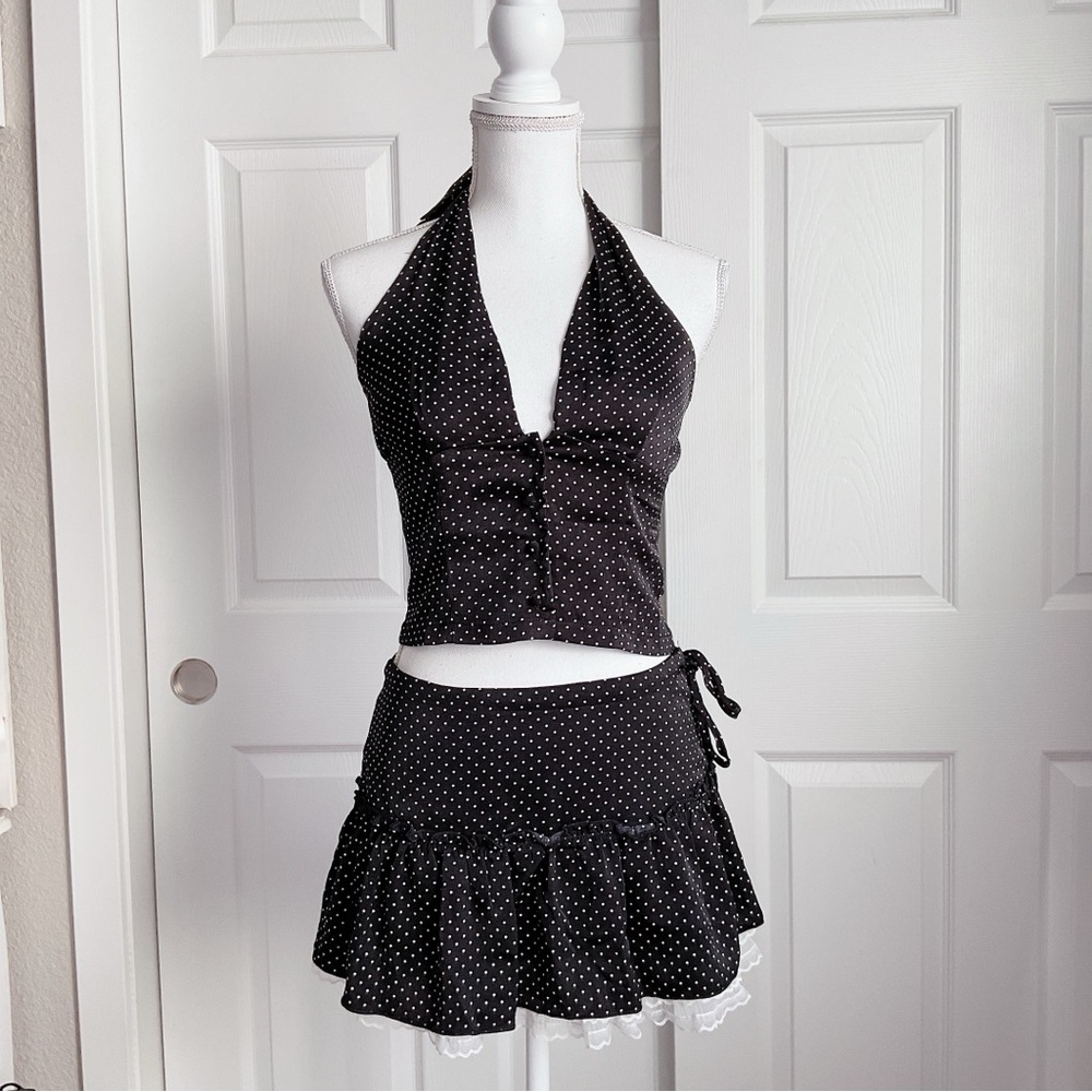 Cider Black Polka Dot Halter Skirt Set